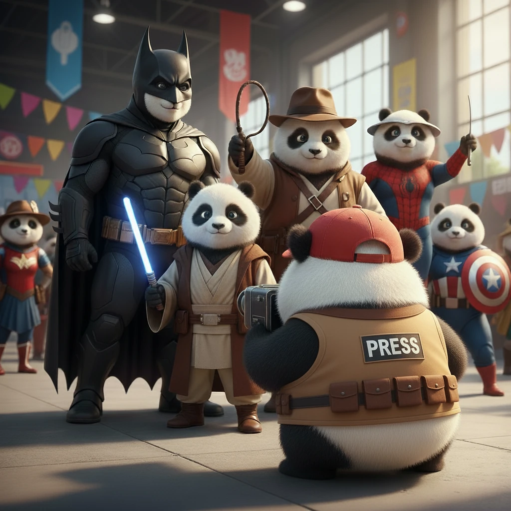 Personnages et pandas photographiés par un reporter, illustration du community management de Creatix