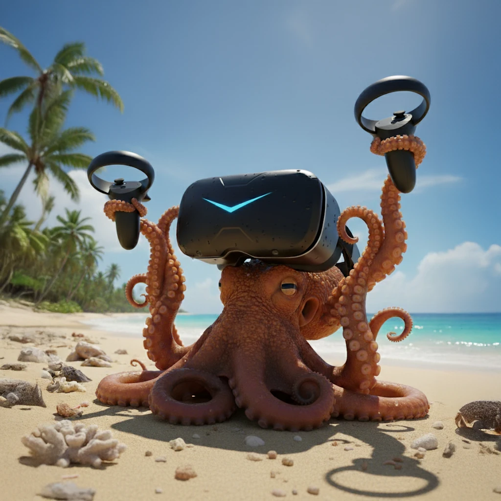 Créature avec un casque immersif sur une plage, illustration des expériences de réalité virtuelle
